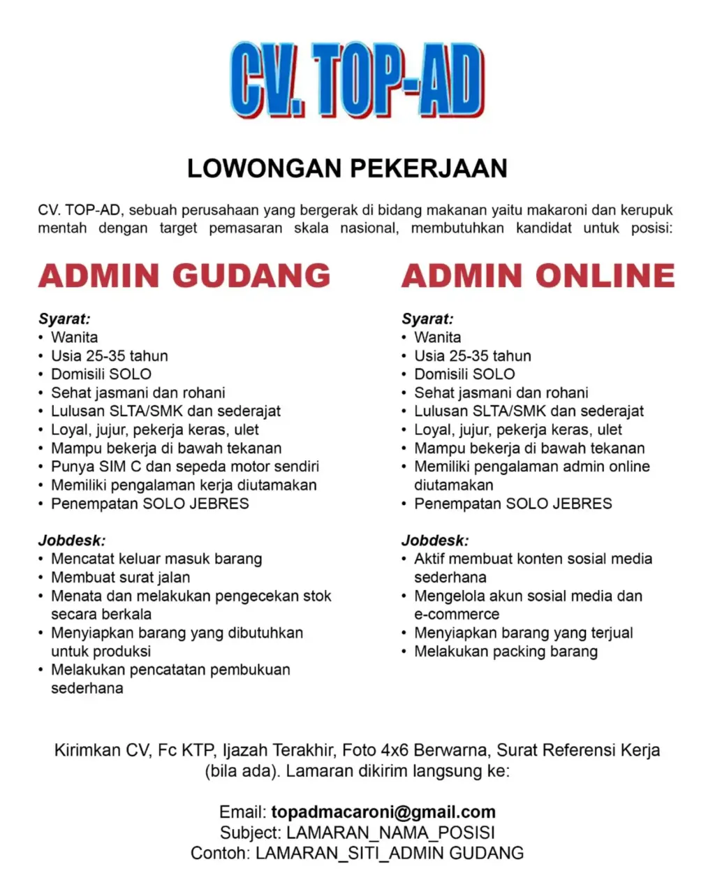 Poster Lowongan Kerja ADMIN ONLINE - CV. TOP-AD