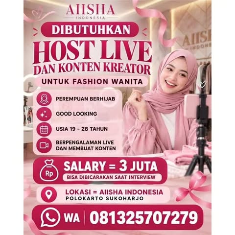 Poster Lowongan Kerja Host Live dan Konten Kreator - AIISHA Indonesia