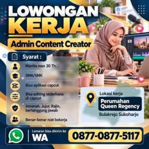 Lowongan Kerja Admin Content Creator di Perusahaan (Perumahan Queen Regency, Bulakrejo, Sukoharjo)