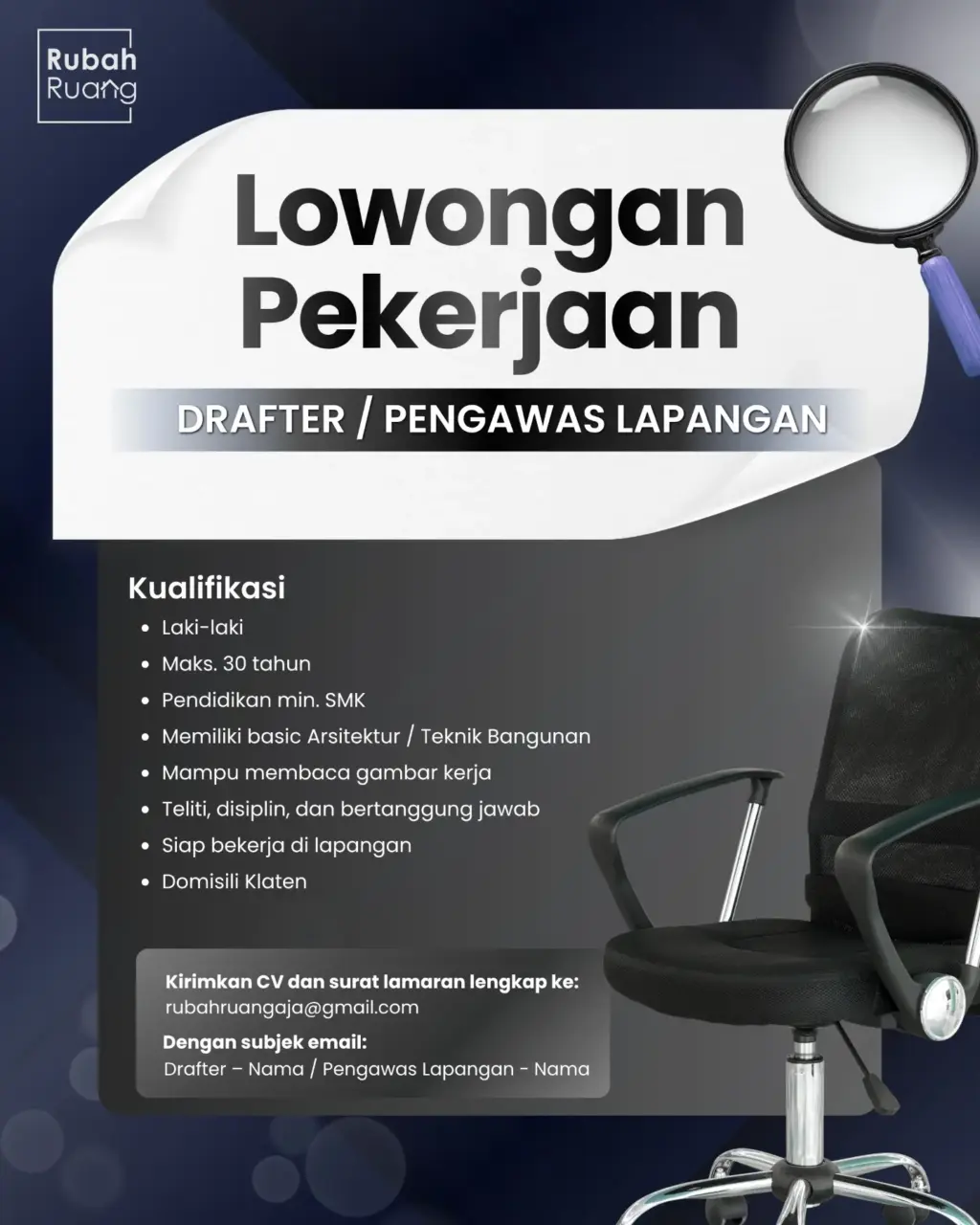 Poster Lowongan Kerja Drafter / Pengawas Lapangan - Rubah Ruang