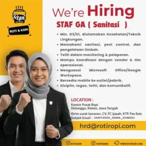 Lowongan Kerja di ROPI (Roti & Kopi) (4 Posisi (Staff GA (Sanitasi), Staff HR, dll)) – Klaten