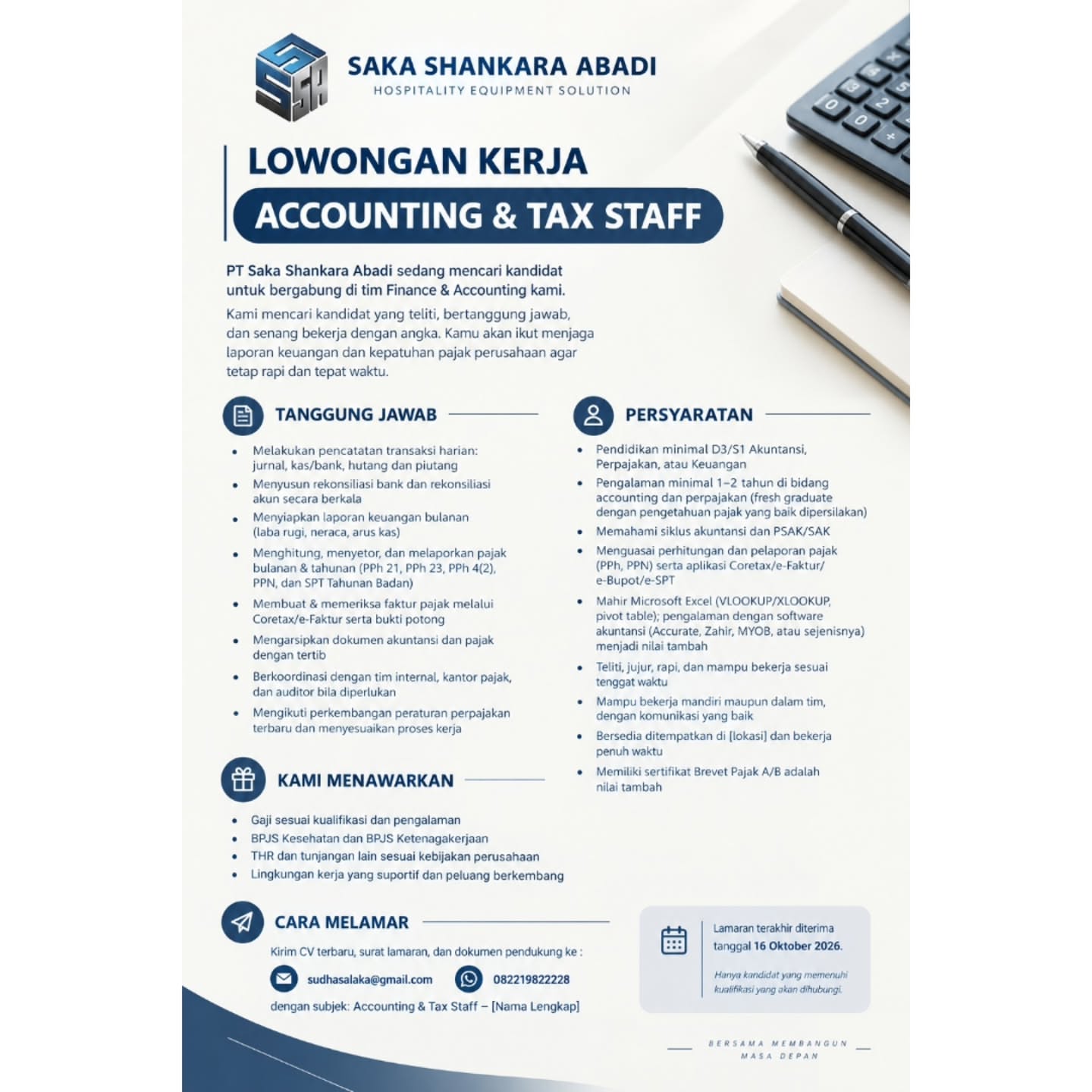 Poster Lowongan Kerja Accounting & Tax Staff - PT Saka Shankara Abadi
