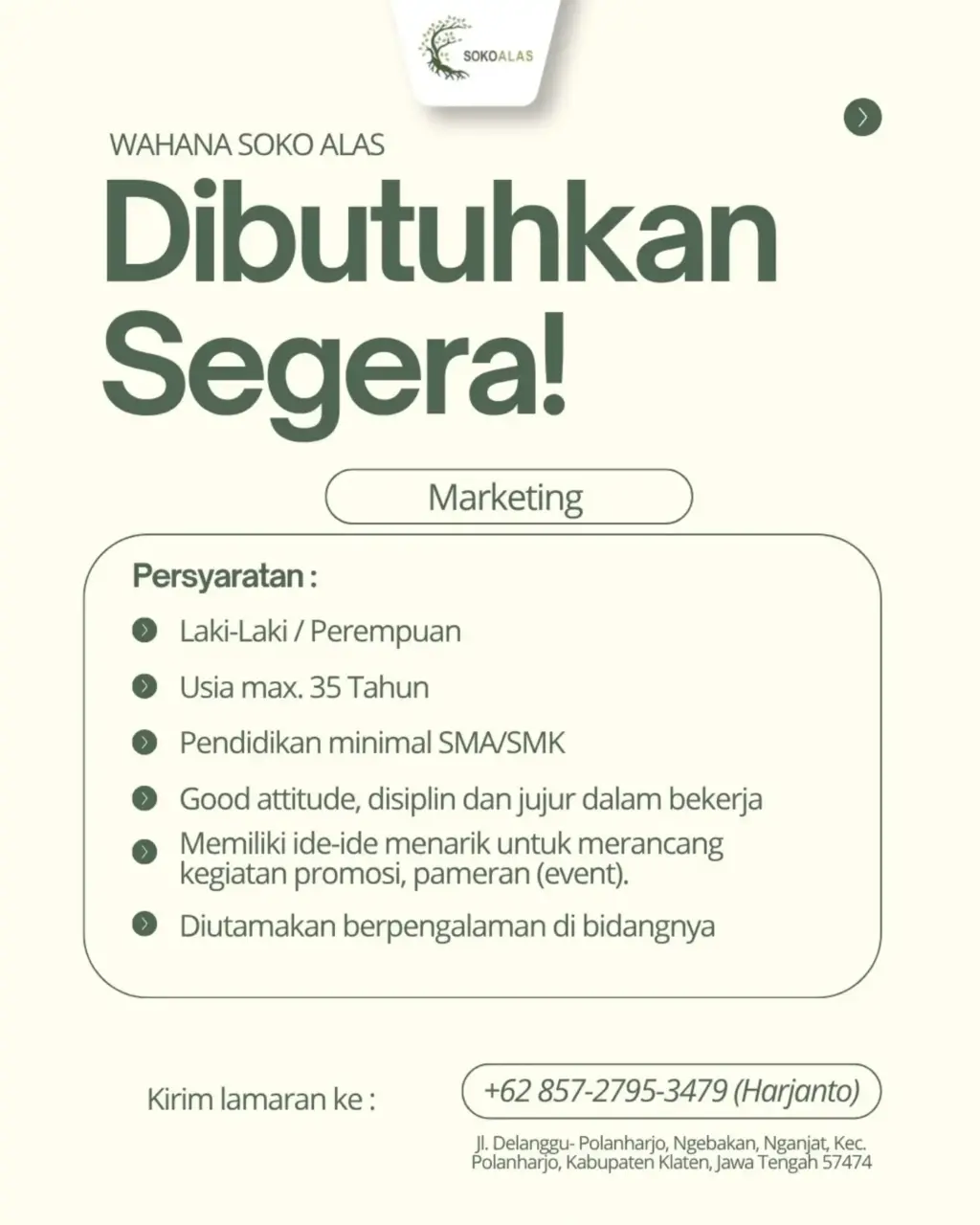Poster Lowongan Kerja Marketing - WAHANA SOKO ALAS