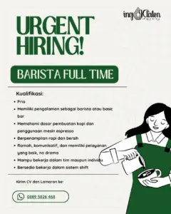 Lowongan Kerja BARISTA FULL TIME di ing Klaten (Klaten)