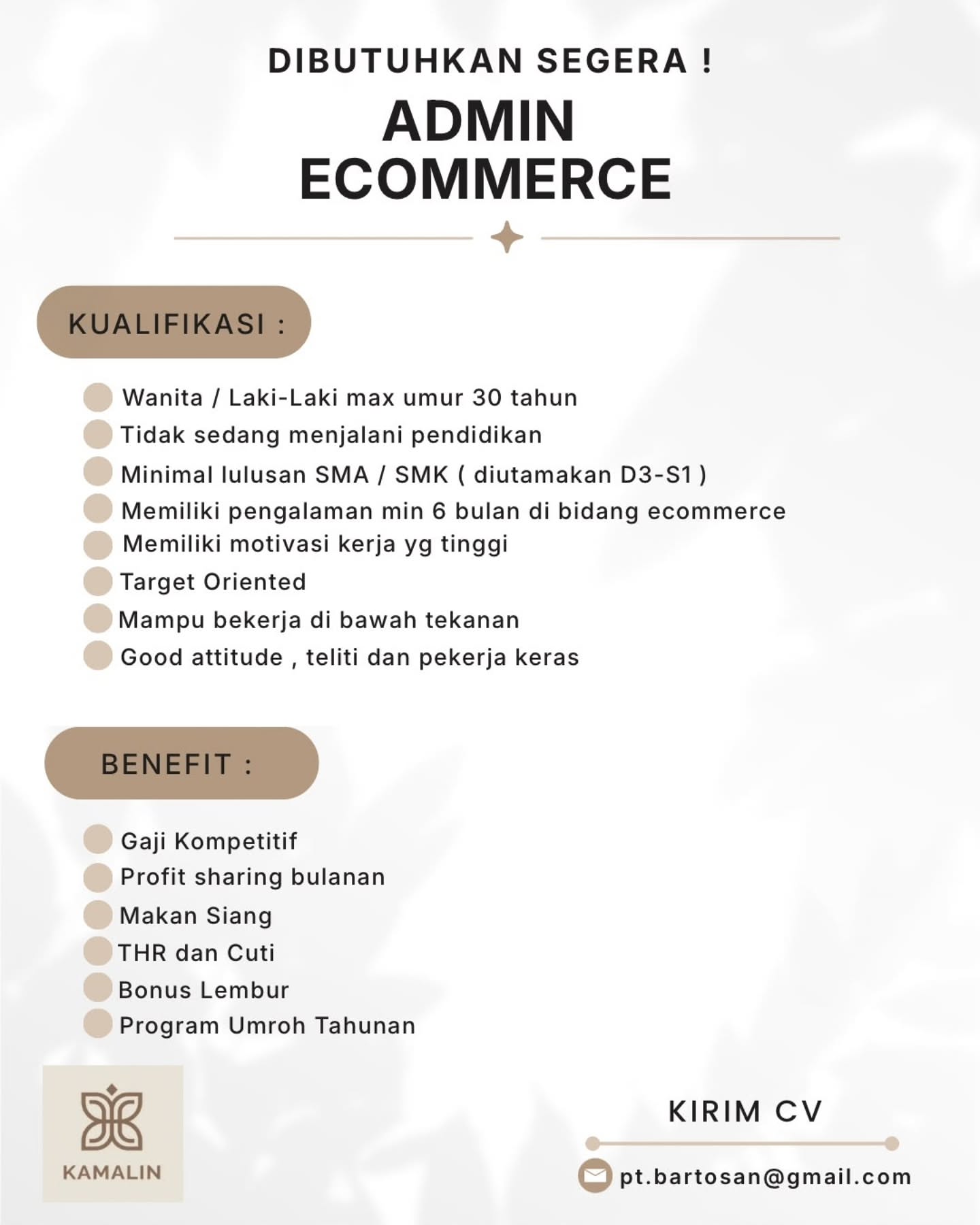 Poster Lowongan Kerja Admin Ecommerce - KAMALIN (PT Bartosan)