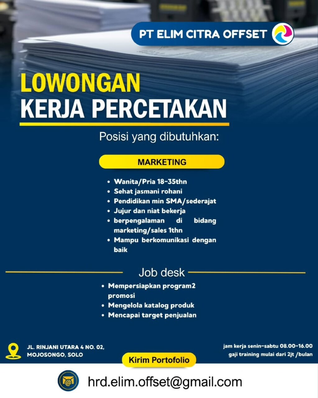 Poster Lowongan Kerja Marketing - PT Elim Citra Offset