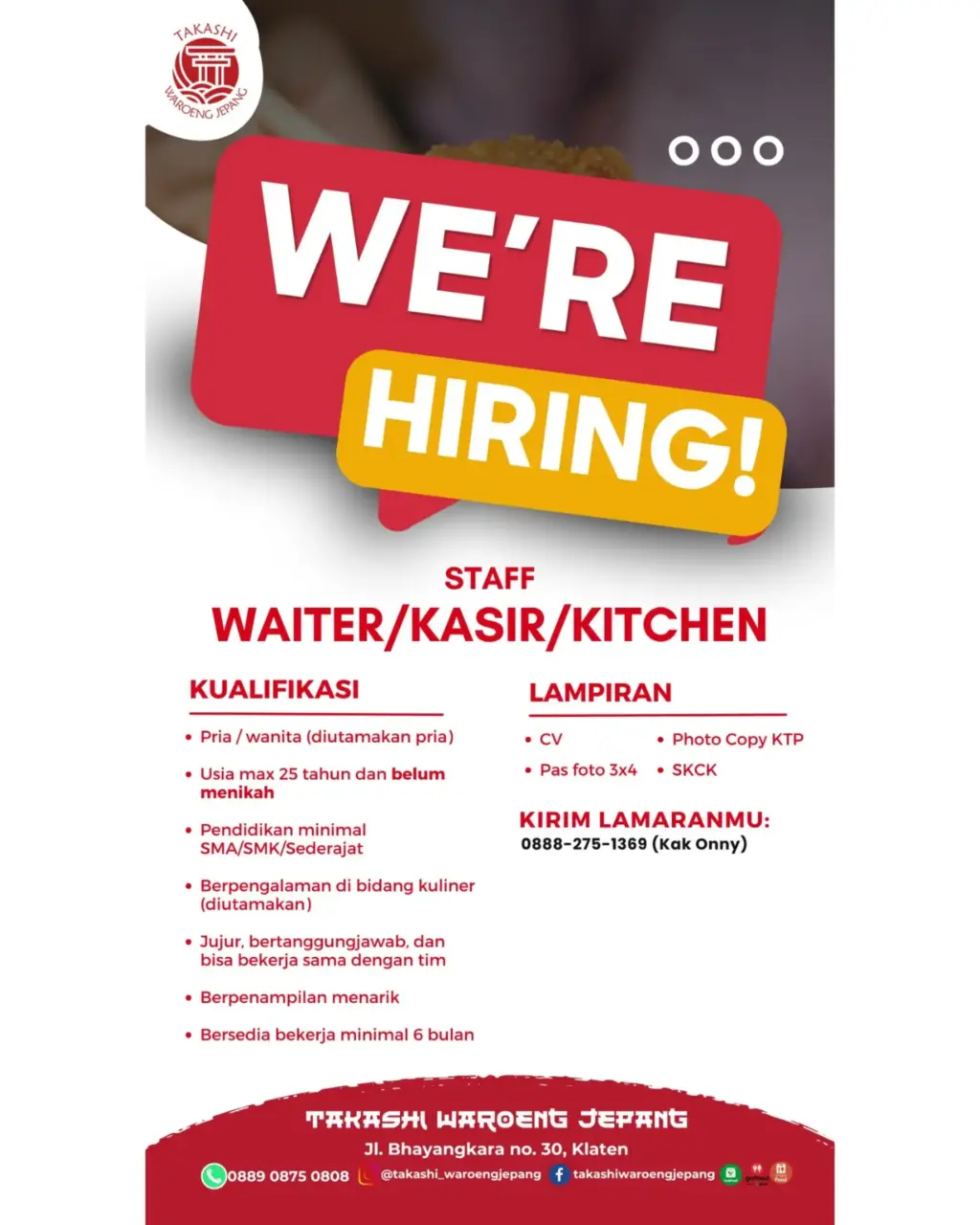 Poster Lowongan Kerja Staff Waiter/Kasir/Kitchen - TAKASHI WAROENG JEPANG