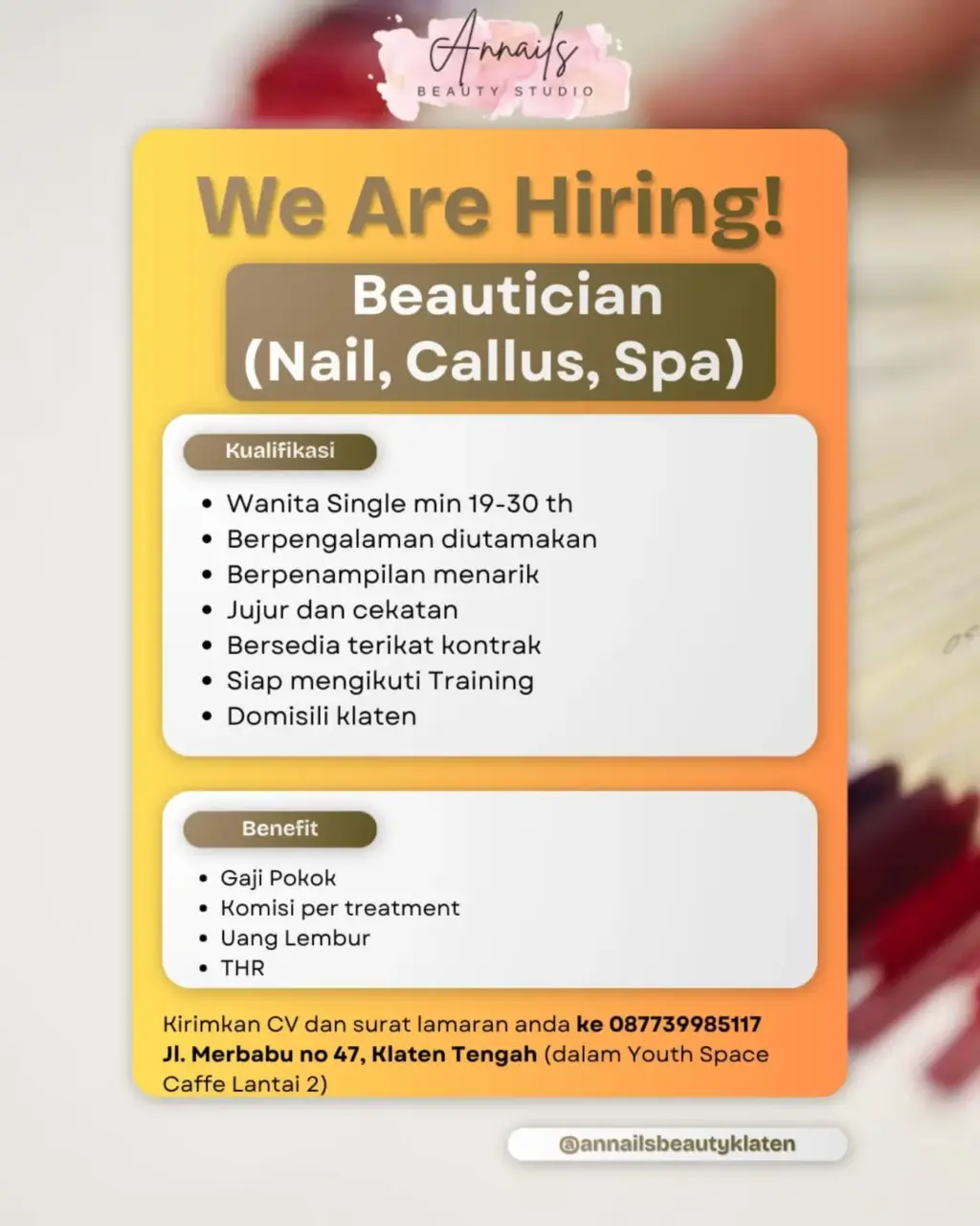 Poster Lowongan Kerja Beautician (Nail, Callus, Spa) - Annails BEAUTY STUDIO