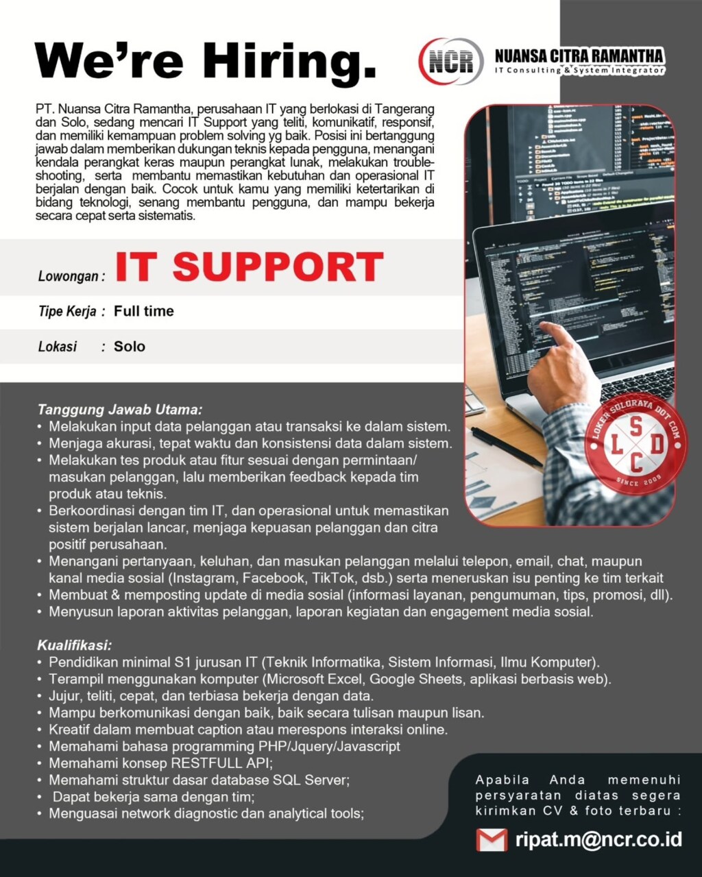 Poster Lowongan Kerja IT Support - PT Nuansa Citra Ramantha (NCR)