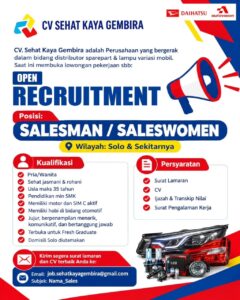 Lowongan Kerja Salesman / Saleswomen di CV Sehat Kaya Gembira (Solo & Sekitarnya)
