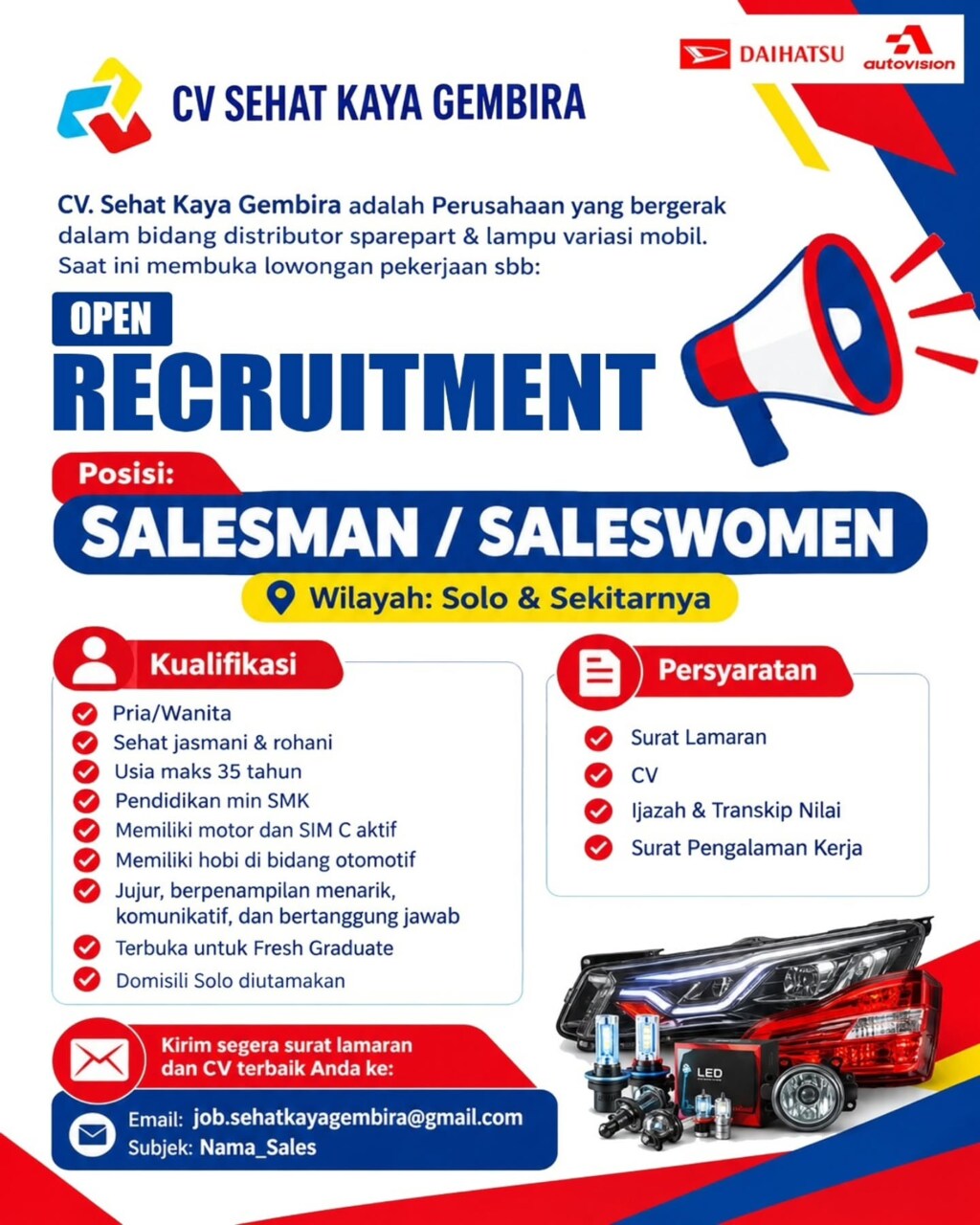 Poster Lowongan Kerja Salesman / Saleswomen - CV Sehat Kaya Gembira