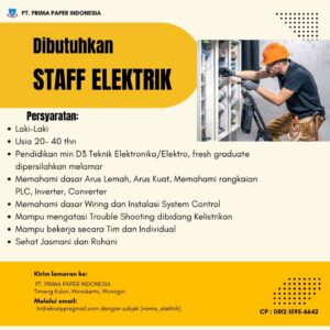 Lowongan Kerja di PT Prima Paper Indonesia (5 Posisi (Staff Elektrik, Helper Workshop, dll)) – Wonogiri