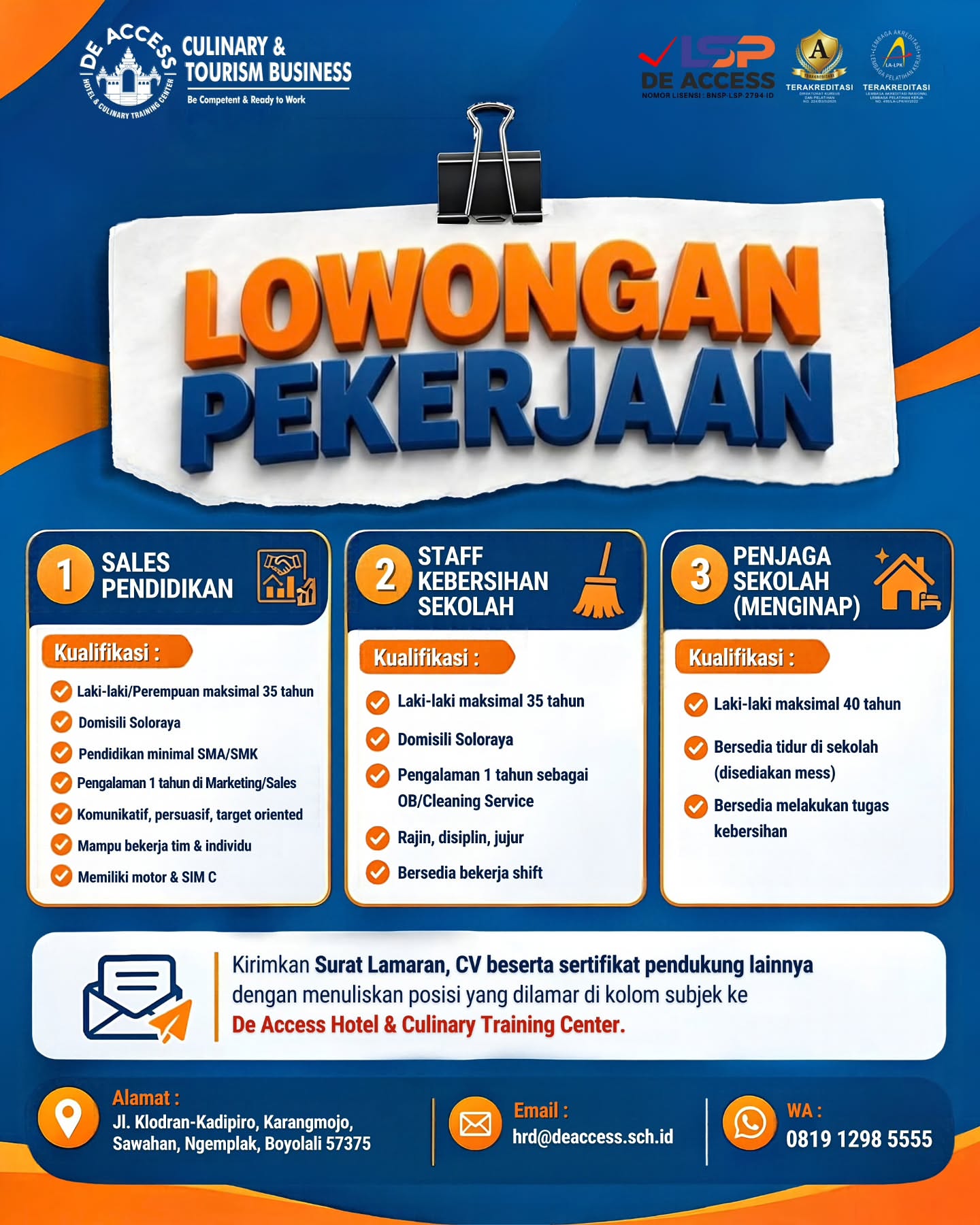 Poster Lowongan Kerja De Access Hotel & Culinary Training Center
