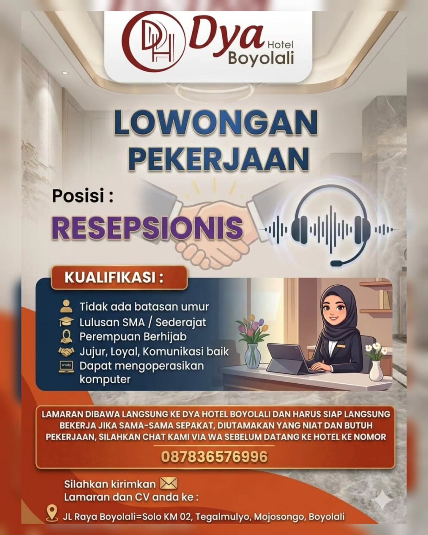 Poster Lowongan Kerja Resepsionis - Dya Hotel Boyolali