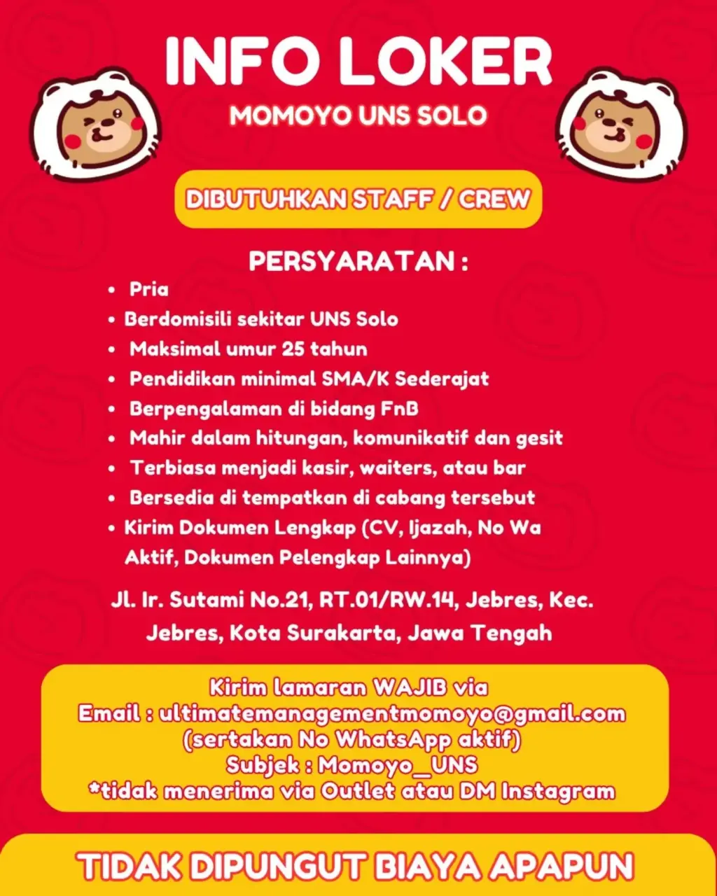 Poster Lowongan Kerja Staff / Crew - Momoyo UNS Solo