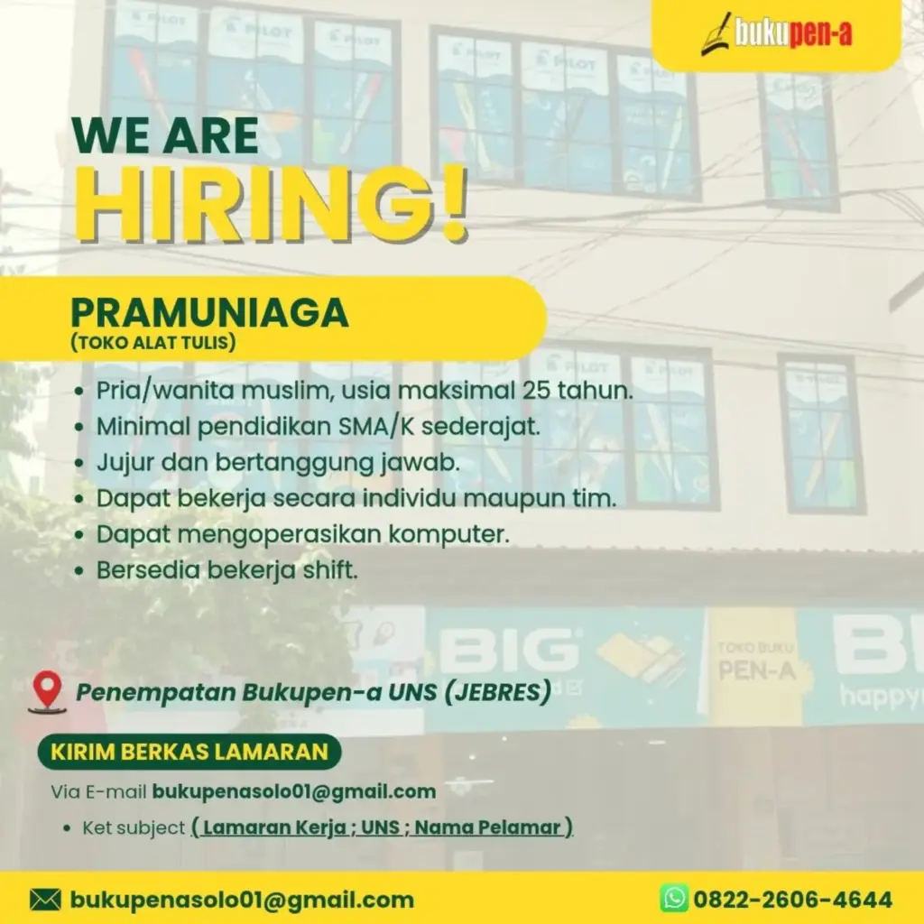 Poster Lowongan Kerja Pramuniaga - Bukupen-a
