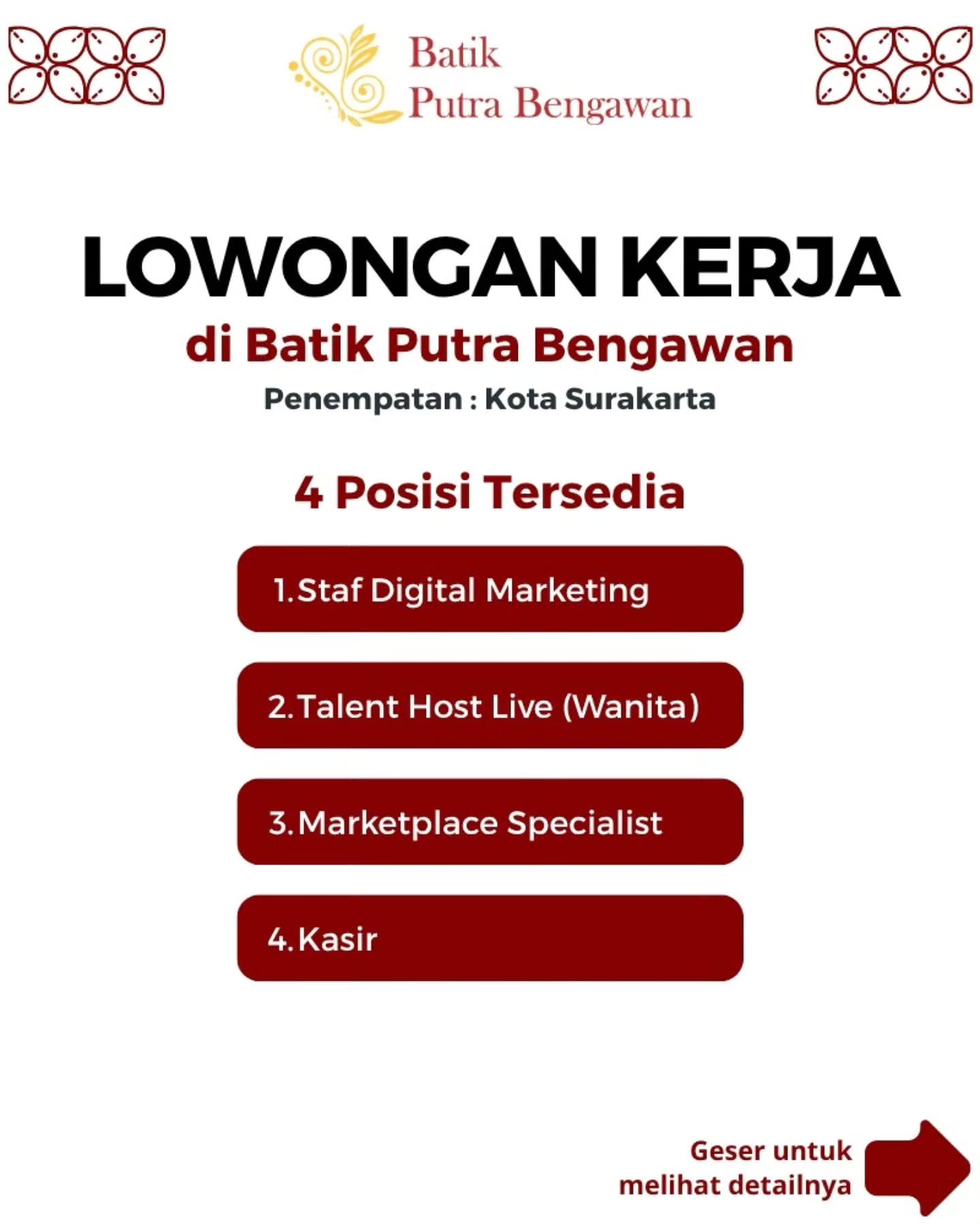 Poster Lowongan Kerja Batik Putra Bengawan Slide 1
