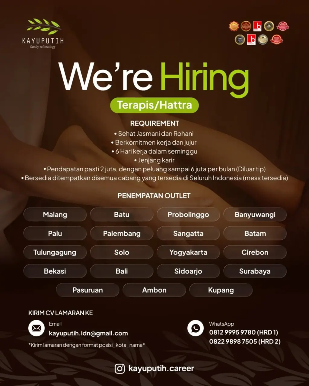 Poster Lowongan Kerja KAYUPUTIH FAMILY REFLEXOLOGY Slide 1