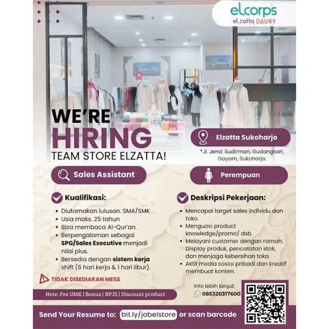 Poster Lowongan Kerja Sales Assistant - Elcorps (Elzatta & Dauky)