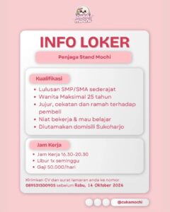 Lowongan Kerja Penjaga Stand Outlet Mochi di Cukamochi (Sukoharjo)