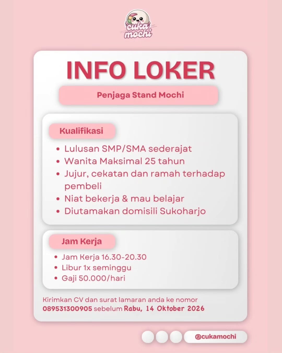 Poster Lowongan Kerja Penjaga Stand Outlet Mochi - Cukamochi