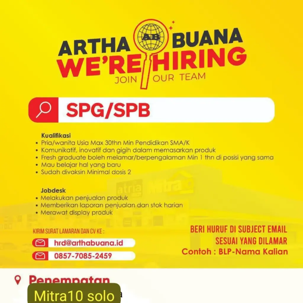 Poster Lowongan Kerja SPG/SPB - Artha Buana