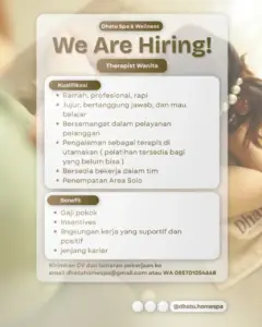 Lowongan Kerja Spa & Creambath Therapist di Dhatu Spa & Wellness (Nusukan, Banjarsari, Solo)