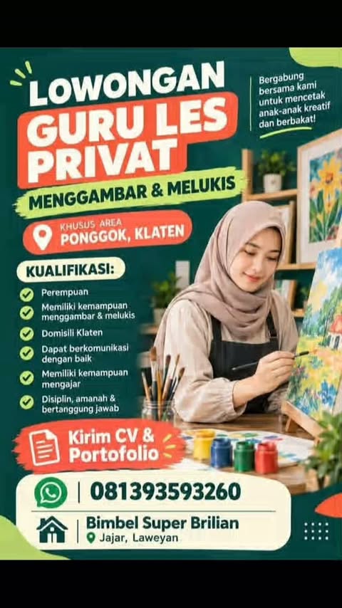 Poster Lowongan Kerja Guru Les Privat Menggambar & Melukis - Bimbel Super Brilian