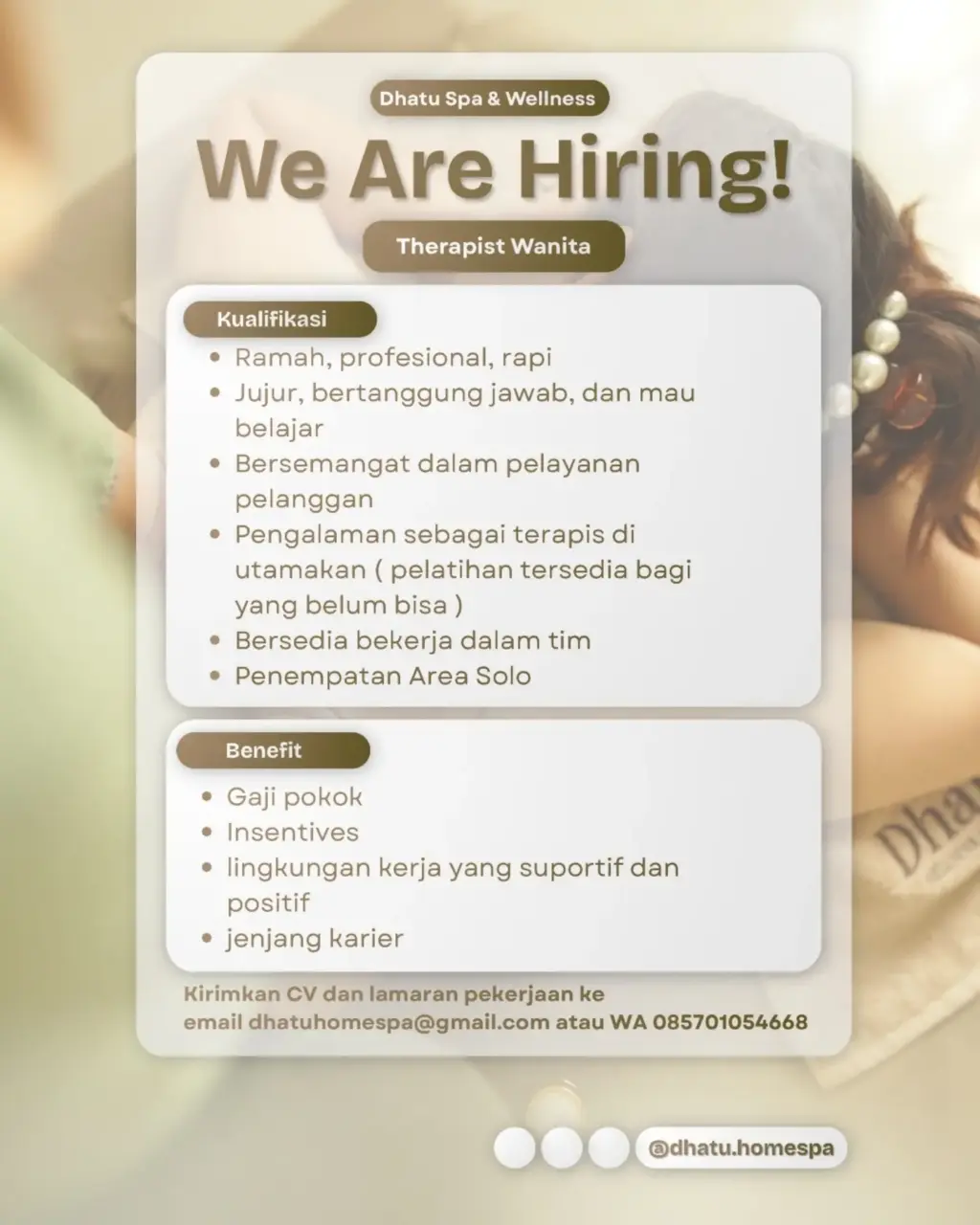 Poster Lowongan Kerja Spa & Creambath Therapist - Dhatu Spa & Wellness