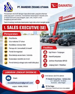 Lowongan Kerja Sales Executive (SE) di PT Mandiri Zirang Utama (Daihatsu Solo) (Surakarta)