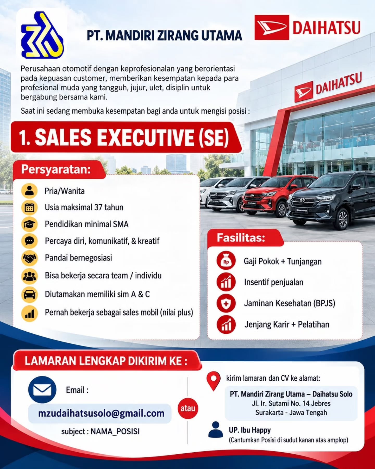 Poster Lowongan Kerja Sales Executive (SE) - PT Mandiri Zirang Utama (Daihatsu Solo)