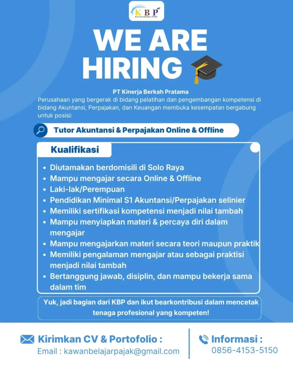 Poster Lowongan Kerja Tutor Akuntansi & Perpajakan – Online & Offline - PT Kinerja Berkah Pratama