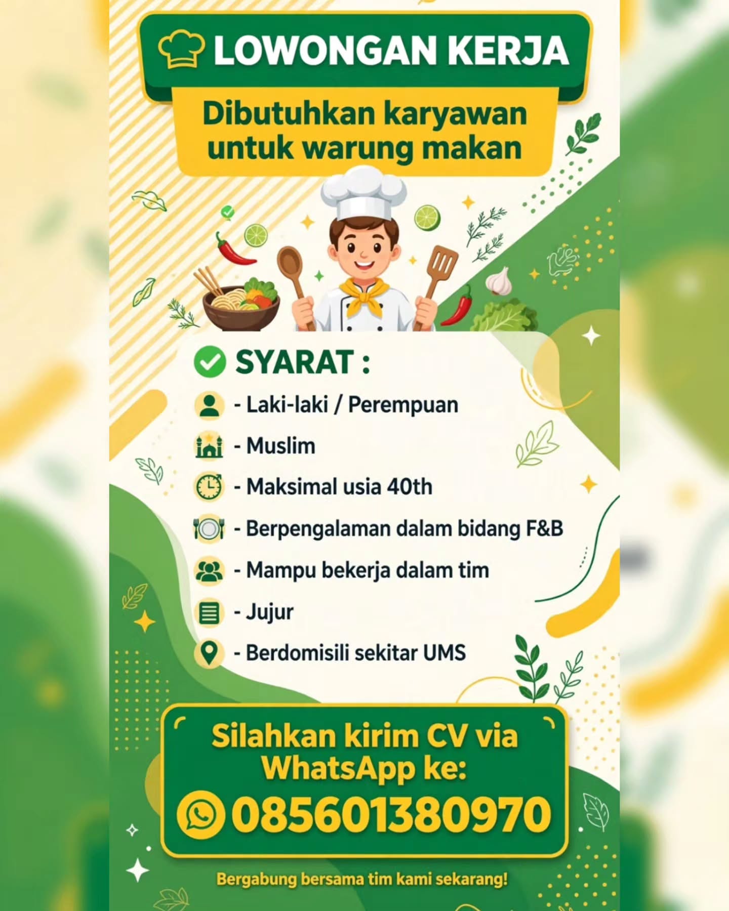 Poster Lowongan Kerja Crew Goreng / Karyawan Warung Makan - Warung Penyetan Overload