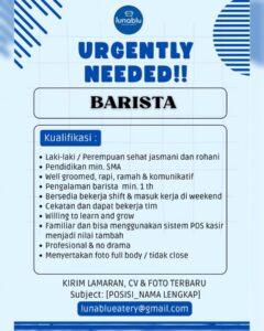 Lowongan Kerja di Luna Blu Eatery (Barista & Part Timer) – Solo