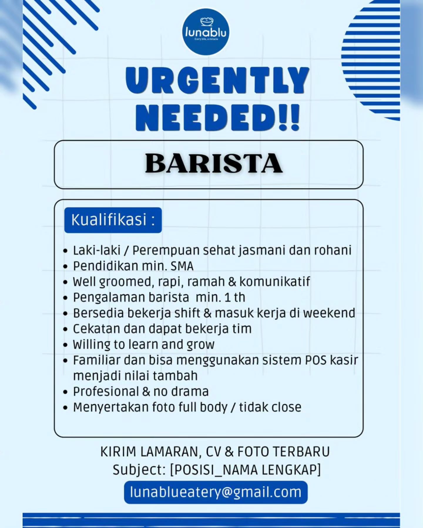 Poster Lowongan Kerja Luna Blu Eatery Slide 1