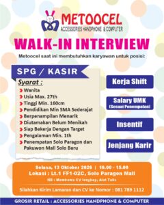 Lowongan Kerja SPG / Kasir di PT Metoocel Anak Cucu Sejahtera (Metoocel) (Solo Paragon Mall & Pakuwon Mall Solo Baru)