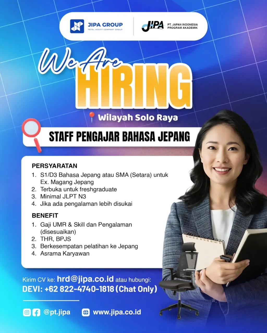 Poster Lowongan Kerja Staff Pengajar Bahasa Jepang - PT. Japan Indonesia Program Akademik (JIPA Group)