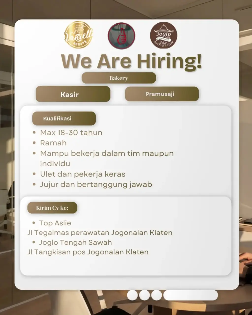 Poster Lowongan Kerja Vaniella Bakery / Top Aslie & Joglo Tengah Sawah