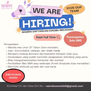 Lowongan Kerja di Naira Kosmetik (Kasir Full Time & Pramuniaga Full Time) – Solo