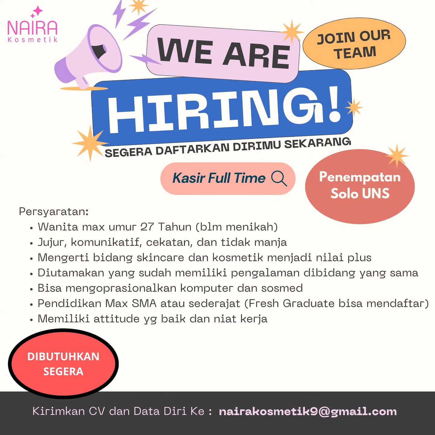 Poster Lowongan Kerja Naira Kosmetik Slide 1