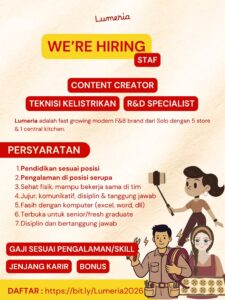 Lowongan Kerja di Lumeria (Content Creator, Teknisi Kelistrikan, & R&D Specialist) – Solo