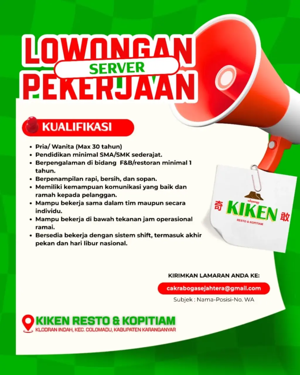 Poster Lowongan Kerja Kiken Resto & Kopitiam Slide 1