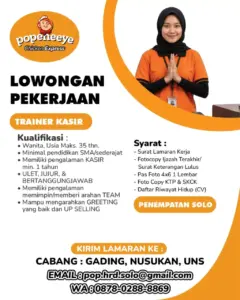 Lowongan Kerja Trainer Kasir di Popeneye Chicken Express (Solo (Cabang Gading, Nusukan, UNS))