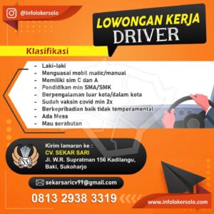 Lowongan Kerja Driver di CV Sekar Sari (Baki, Sukoharjo)