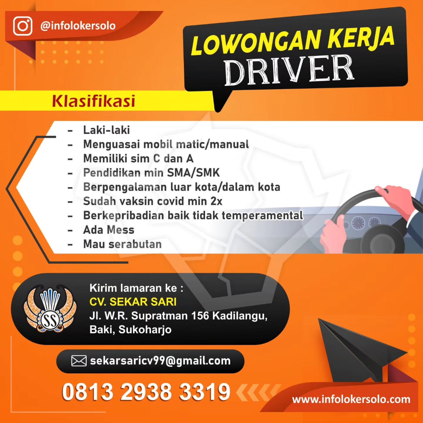 Poster Lowongan Kerja Driver - CV Sekar Sari