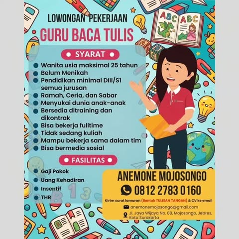 Poster Lowongan Kerja Guru Baca Tulis - Anemone Mojosongo