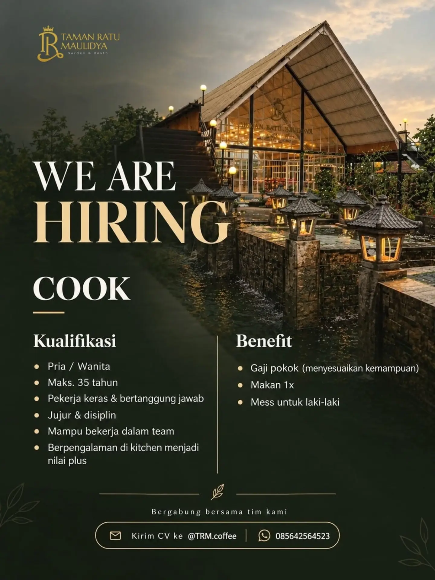 Poster Lowongan Kerja Cook - Taman Ratu Maulidya Garden & Resto