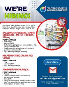 Lowongan Kerja di PT Indoglobal Distribusi Nusantara (Salesman / Salesgirl Taking Order (TO) – MT / GT / Horeka, Helper Packing Online (GD), & Administrasi Online (OL)) – Solo