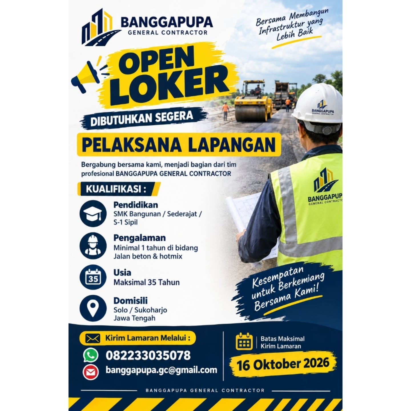 Poster Lowongan Kerja Pelaksana Lapangan - BANGGAPUPA GENERAL CONTRACTOR