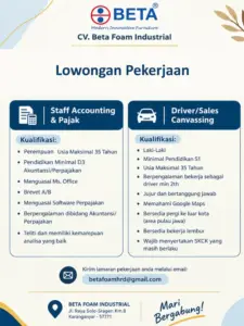 Lowongan Kerja di CV. Beta Foam Industrial (Staff Accounting & Pajak & Driver / Sales Canvassing) – Karanganyar